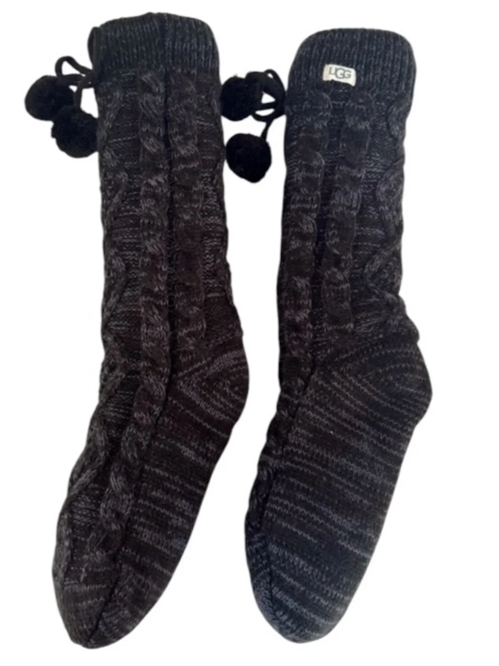 NWOT UGG Charcoal Cable Knit Fleece Lined Pom Pom Cabin Socks OS
